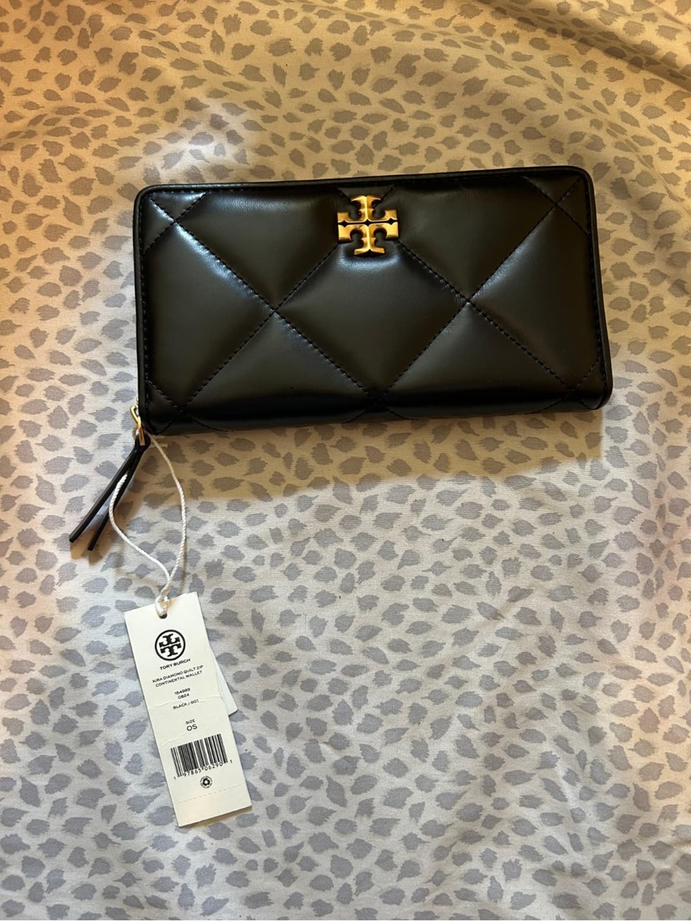 Tory Burch Black Quilted Zip Wallet with Gold Logo